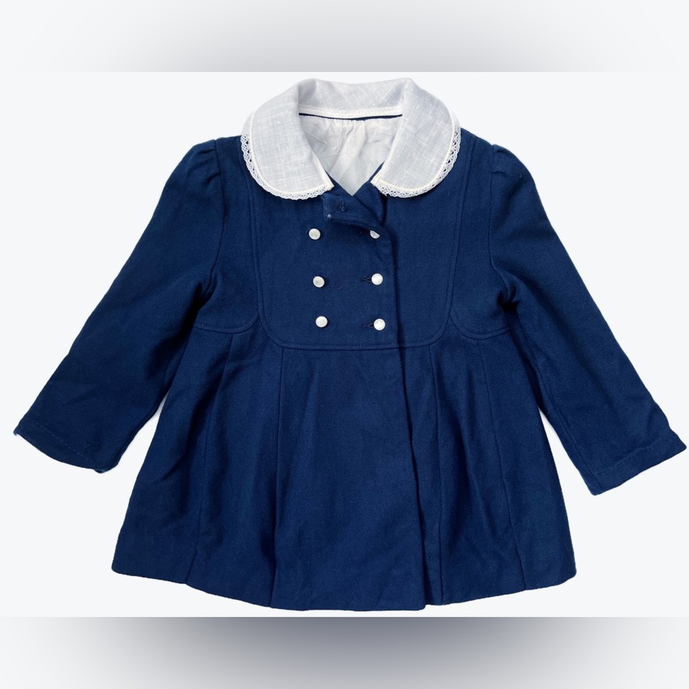 Vintage 60s F.W. Fischer Designs Navy Wool Girls Double-breast Coat W Lace Sz 4